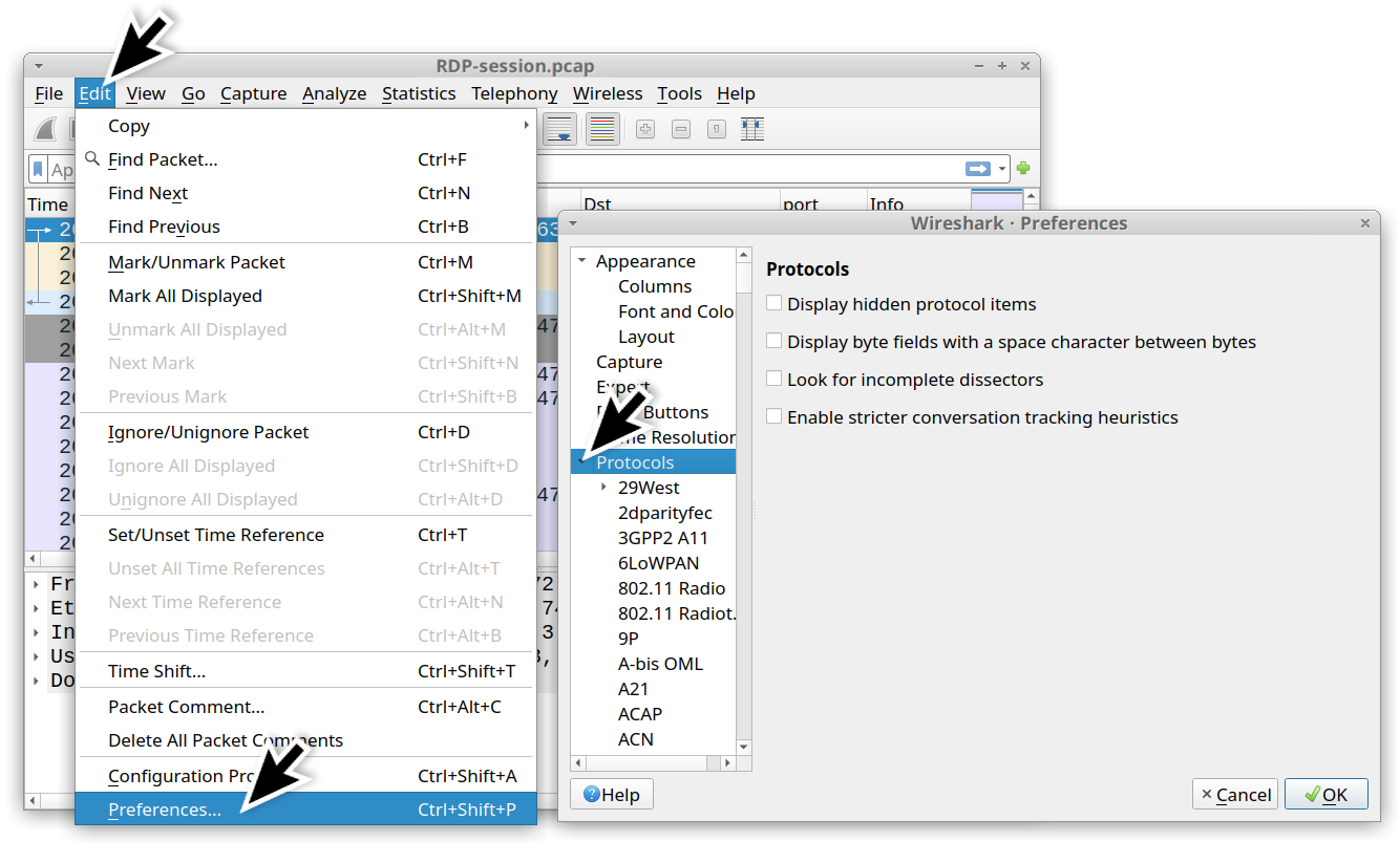 For decrypting RDP traffic in Wireshark, we need IP address and port information. In Wireshark, we used the Preferences window and expanded the Protocols section as shown. 