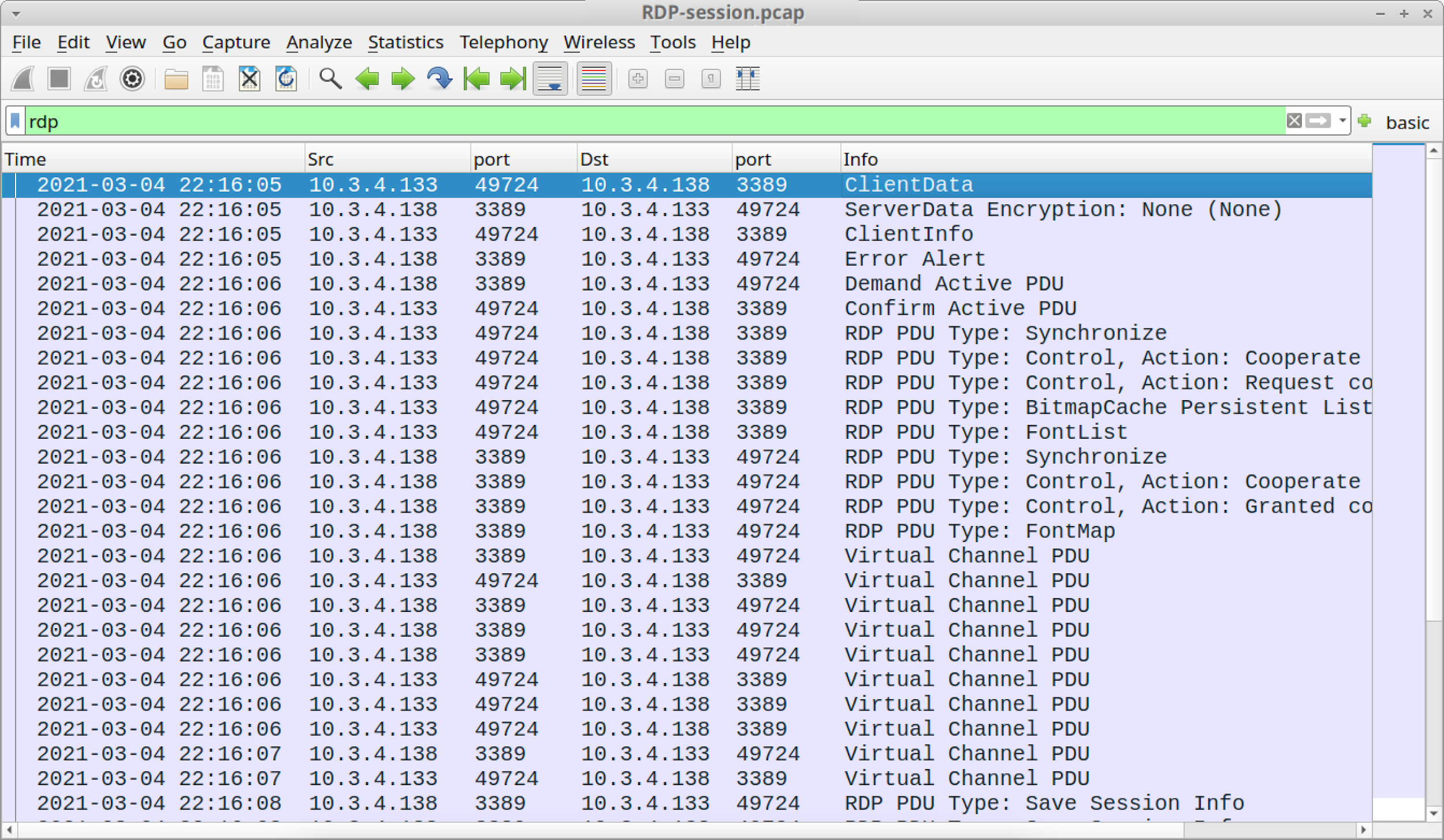 After our key was loaded, decrypting RDP traffic became possible. The screenshot shows that our column display was no longer blank when filtering for RDP. 