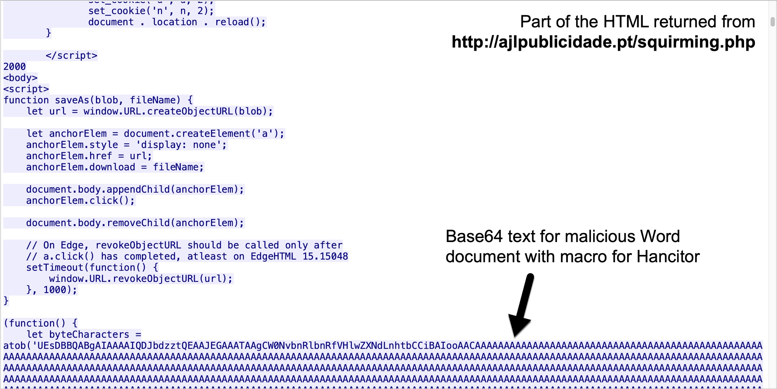 The page shown in Figure 4 contained a script with base64 text to create a malicious Word document. This script causes a browser to offer the malicious Word document for download, then redirects to a DocuSign page, as shown here and in Figure 6. 