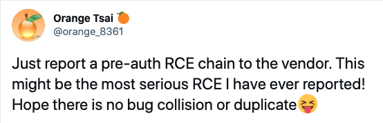 The Microsoft Exchange Server attack timeline kicks off with a Twitter post from user Orange Tsai (@orange_8361): Just report a pre-auth RCE chain to the vendor. This might be the most serious RCE I have ever reported! Hope there is no bug collision or duplicate XD