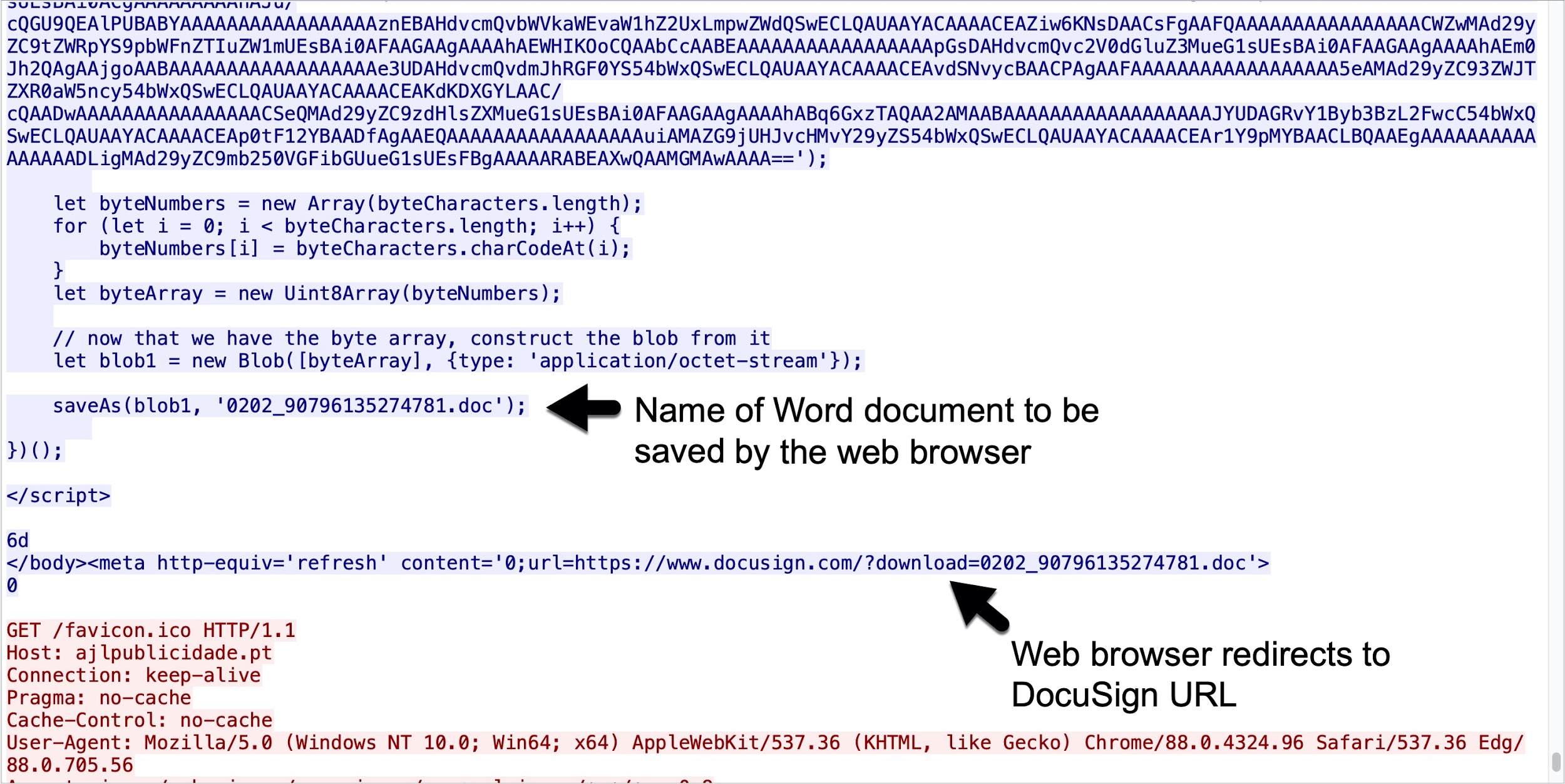 Black arrows indicate the name of the Word document to be saved by the web browser and where the web browser redirects to a DocuSign URL. 