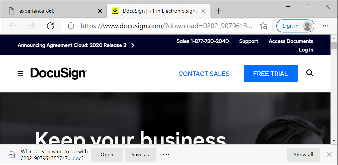 The page with a malicious URL appears only briefly before redirecting to a DocuSign URL. The technique could lead potential victims to believe that a malicious Word document sent by attackers is a legitimate file sent by DocuSign. 