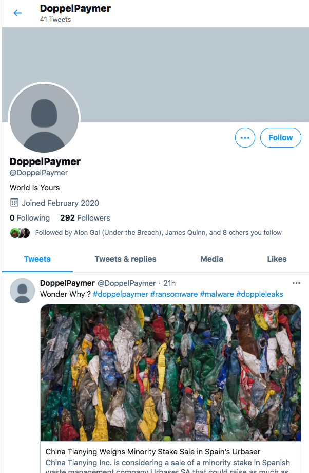 Figure 1. DoppelPaymer’s Twitter profile with recent activity (source: Twitter).