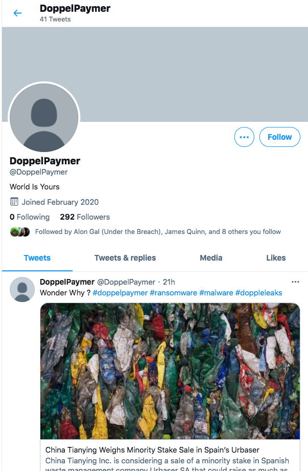 図1 最近のアクティビティを含むDoppelPaymerのTwitterプロフィール（出典: Twitter）