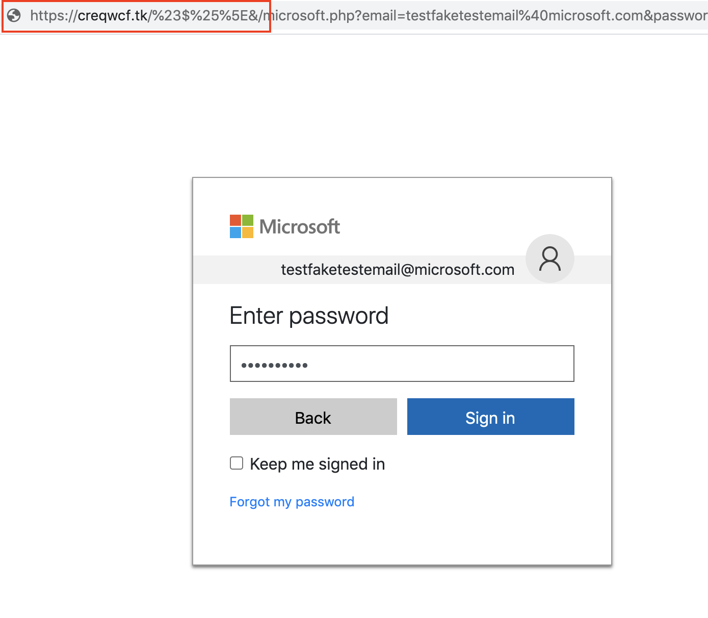 To closely imitate login.live.com, the “Enter password” page comes after the user enters a valid username. Note the URL, outlined in red, which indicates a scam site.