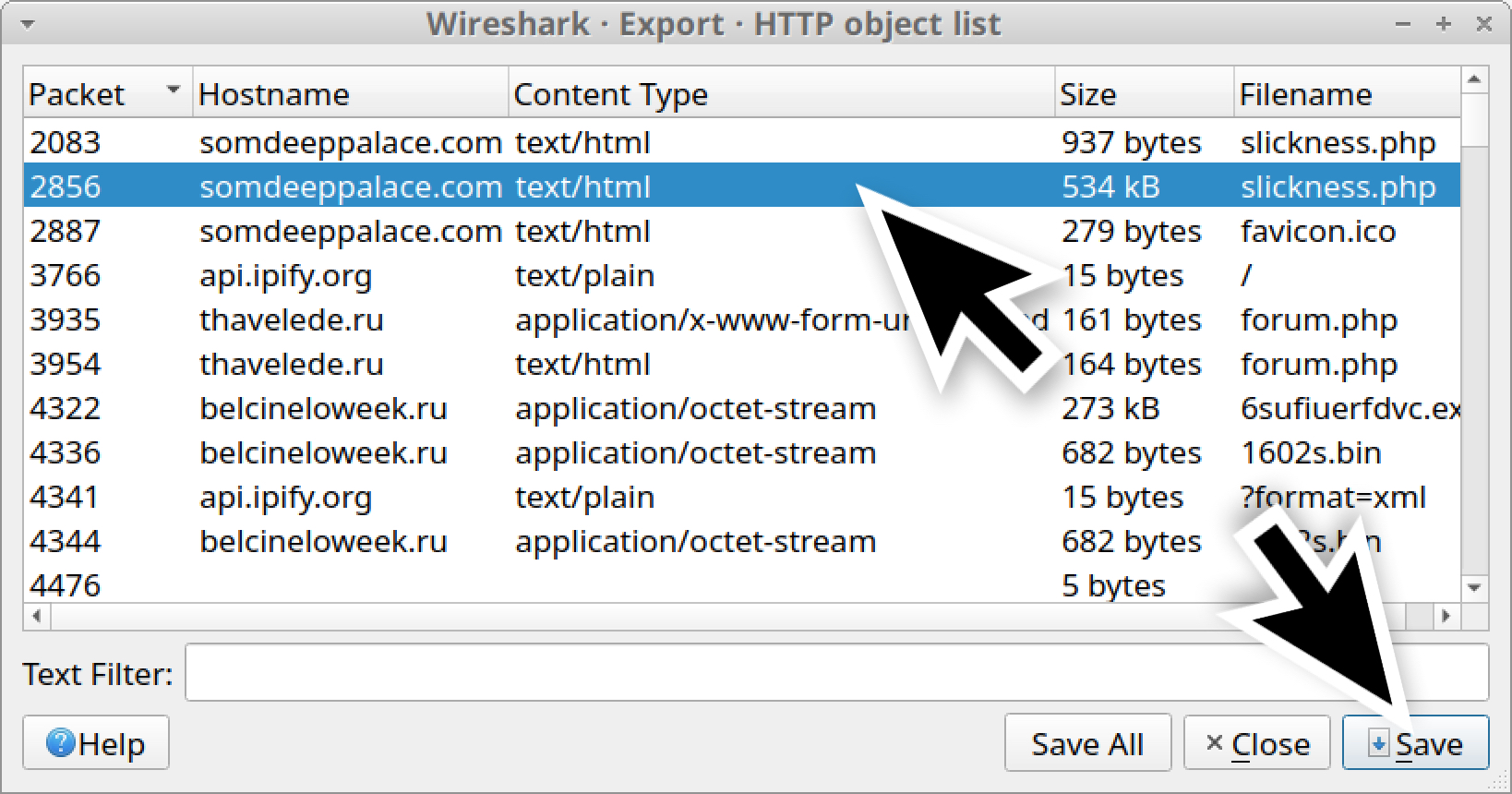 Large black arrows indicate where to find the second entry for slickness.php, and then how to save it as a web page. 