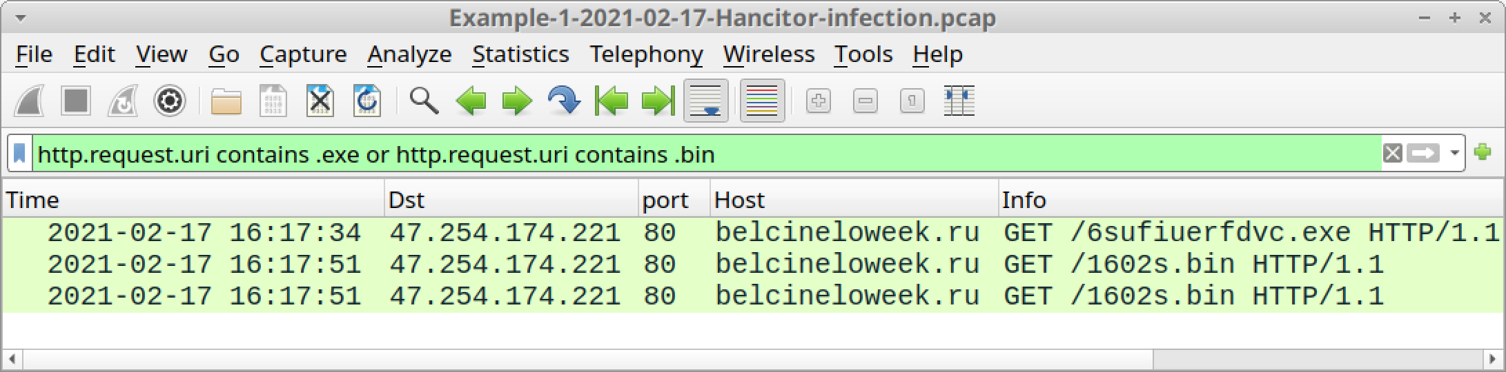 The screenshot shows how the Wireshark column display should appear after using a filter to find URLs for Ficker Stealer and Cobalt Strike. 