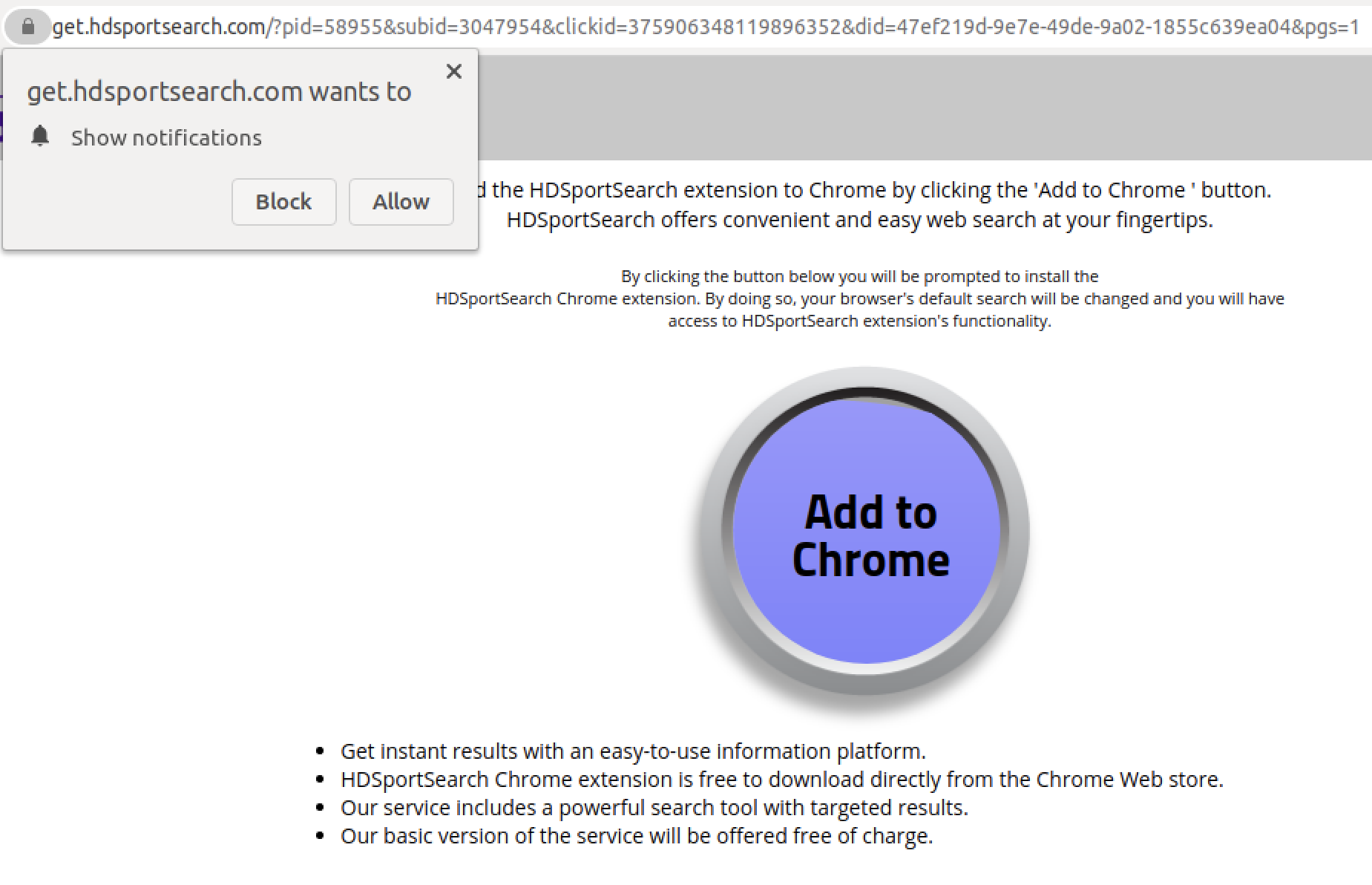 Face CAPTCHA phishing samples, one of the most popular phishing trends with PDF files that we observed, sometimes lead to web pages that seek to establish an ongoing relationship with the user. In the example shown here, the user is taken to a website that asks them to allow push notifications and download a Google Chrome extension. 