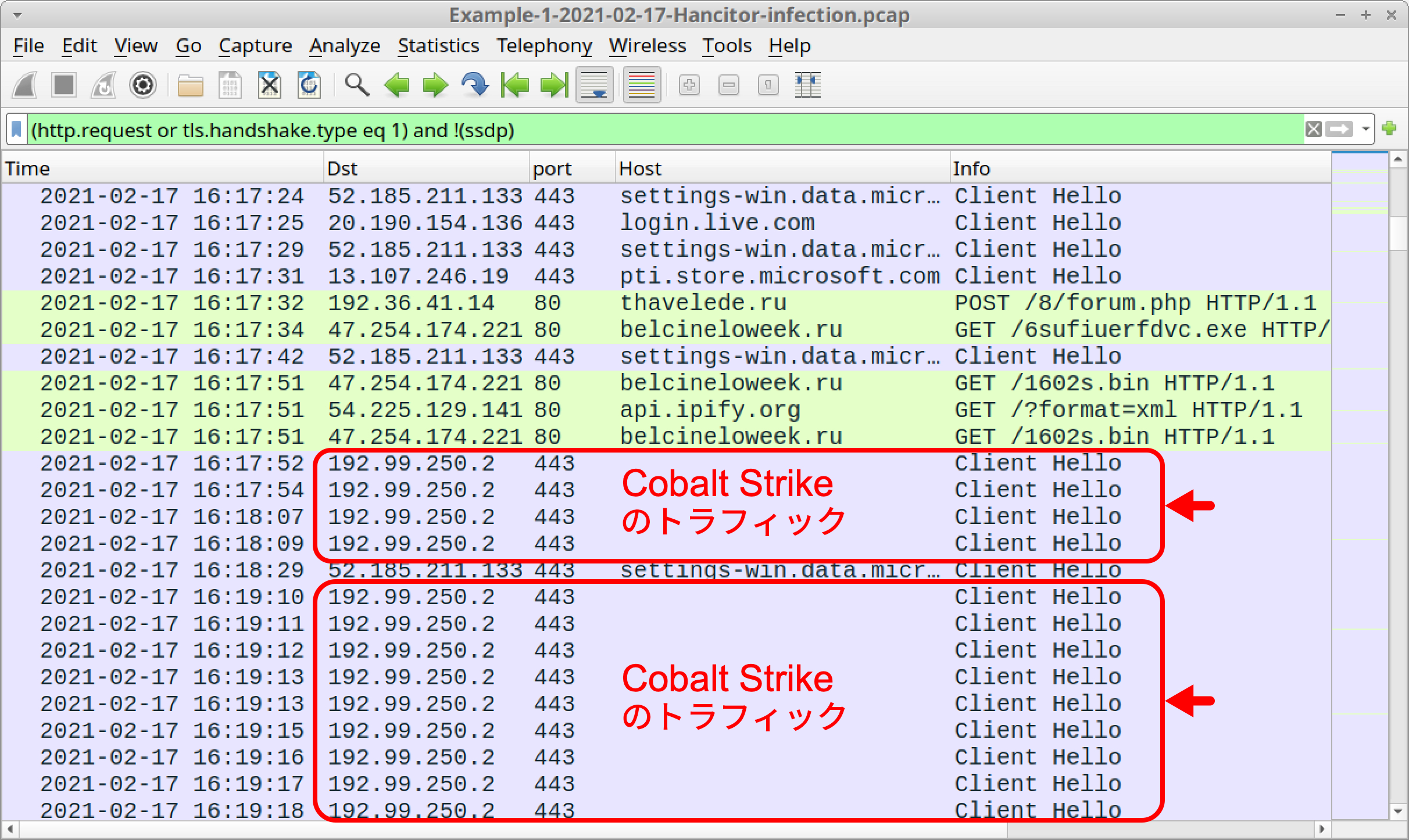 赤い矢印は、Cobalt Strikeによって引き起こされた感染Windowsホストからのトラフィックに関連するWireshark列表示の行を示しています。 