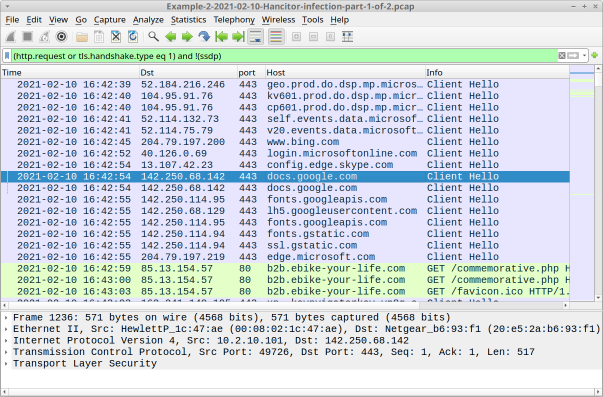 The screenshot shows the Wireshark column display after opening the Example 2, part 1 pcap and applying a basic web filter. A Google Docs link is highlighted in blue. 