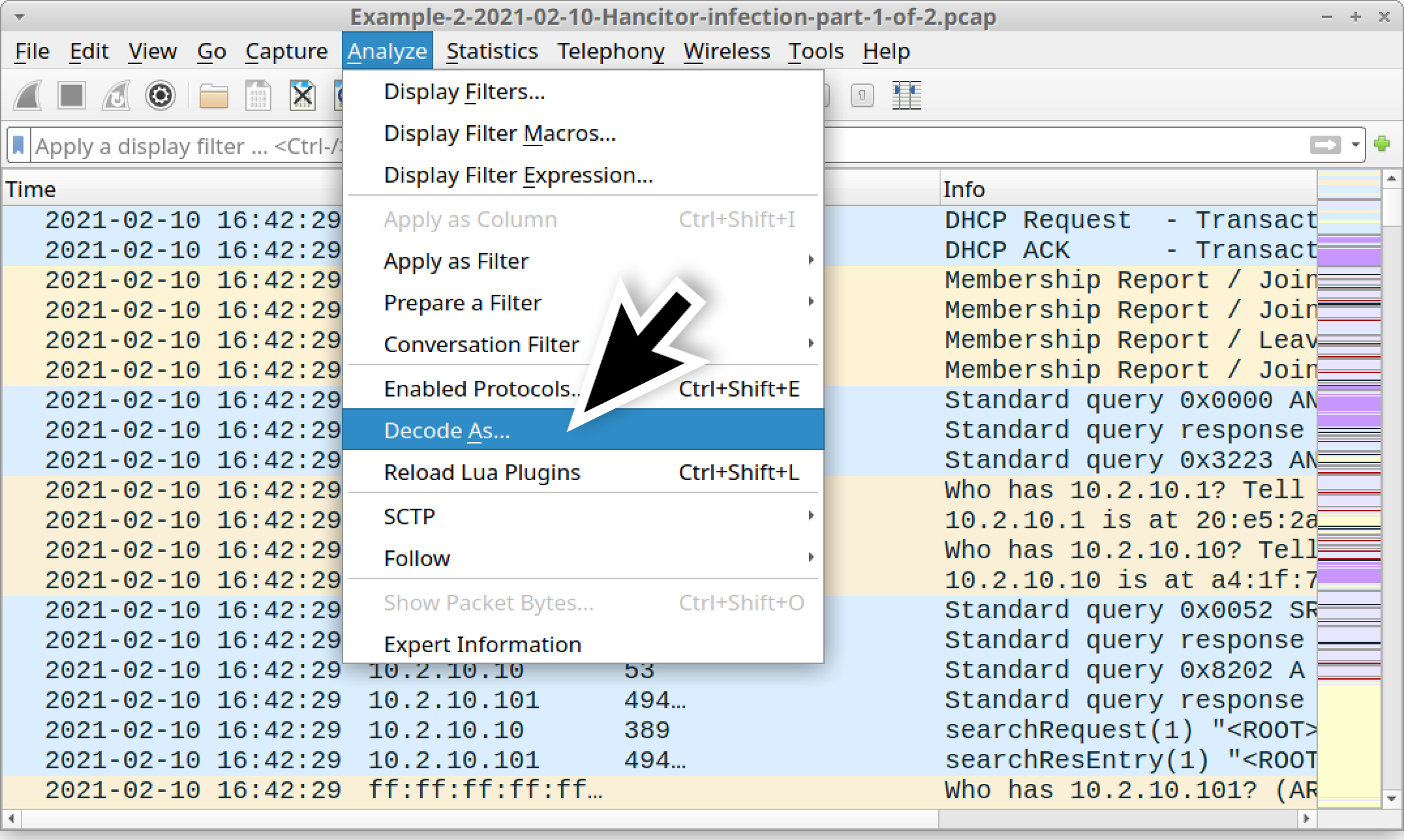 The large black arrow shows where to click in Wireshark to bring up the Decode As window. 