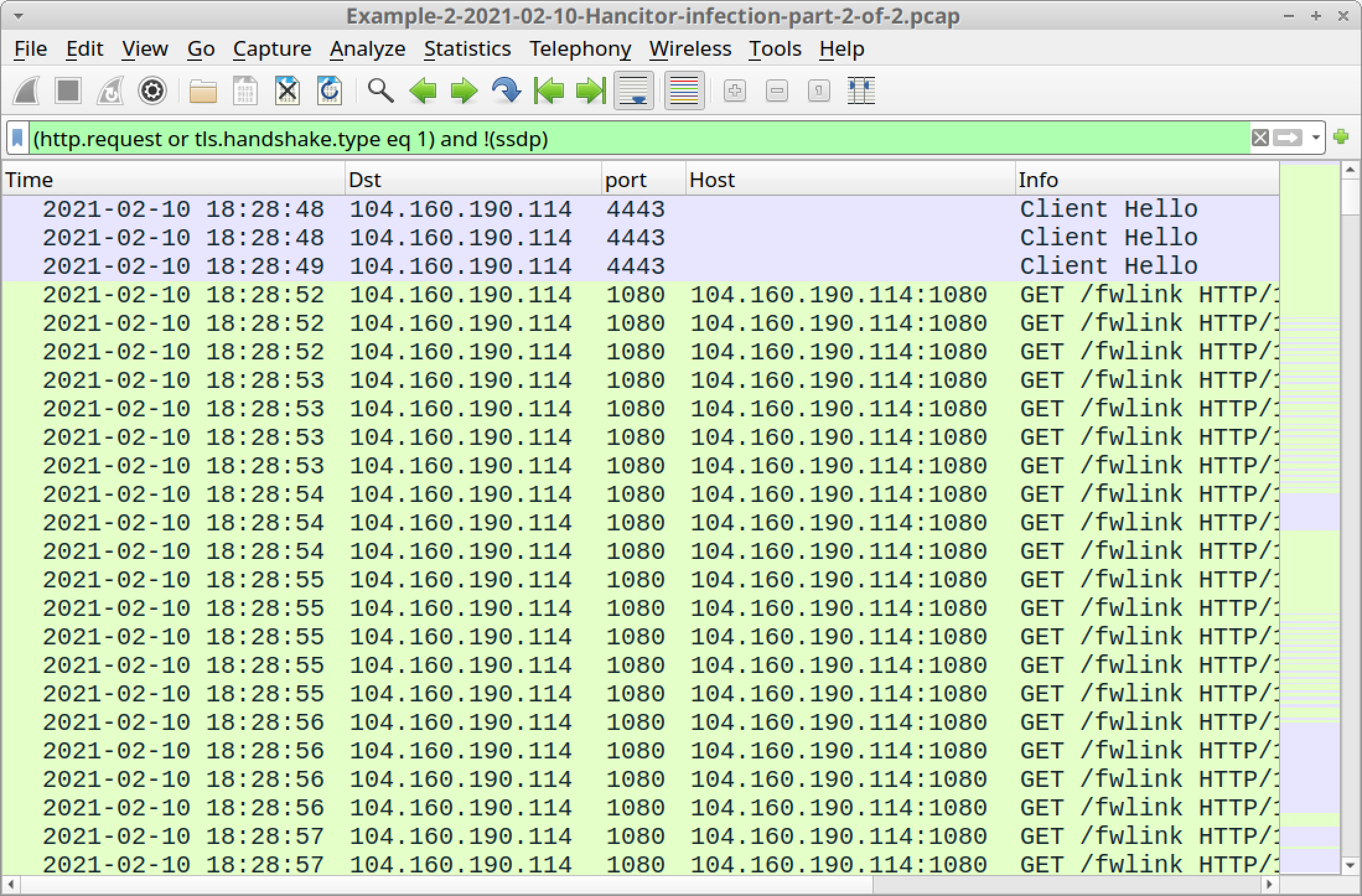 The screenshot shows how your Wireshark column display should look after applying a basic web filter to traffic from part two of our second example. 