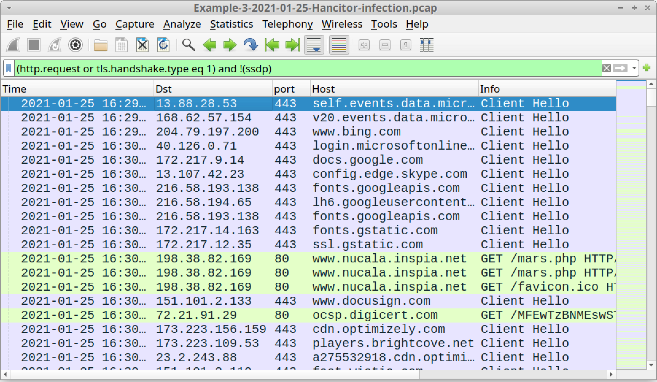 The screenshot shows how your Wireshark display should look after opening traffic from example three and applying a basic web filter. 
