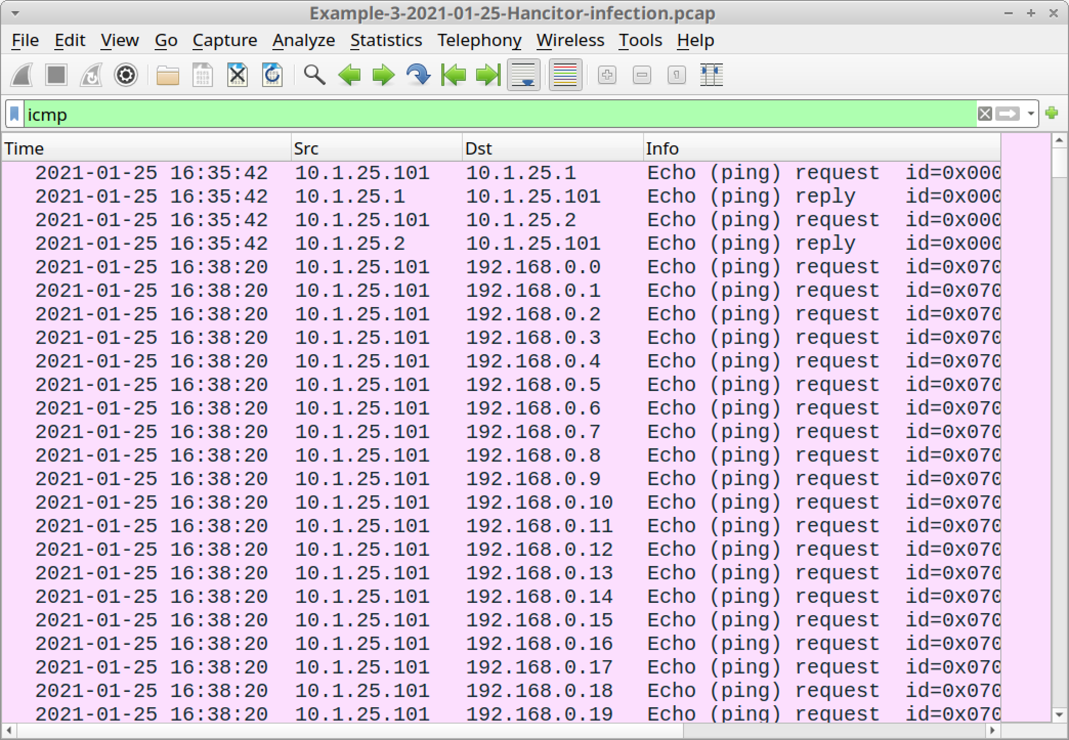 The screenshot displays an example of how ICMP traffic from a network ping tool sent through Cobalt Strike should look after you apply the Wireshark filter icmp to the example pcap. 