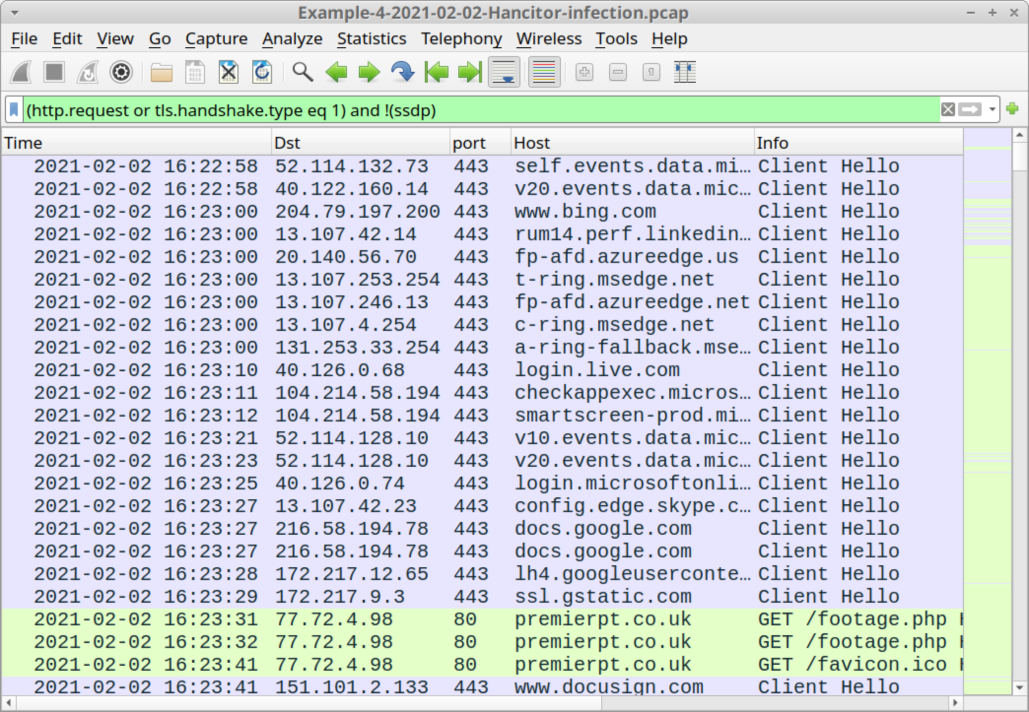 The screenshot shows how your Wireshark display should look after opening traffic from example four and applying a basic web filter. 