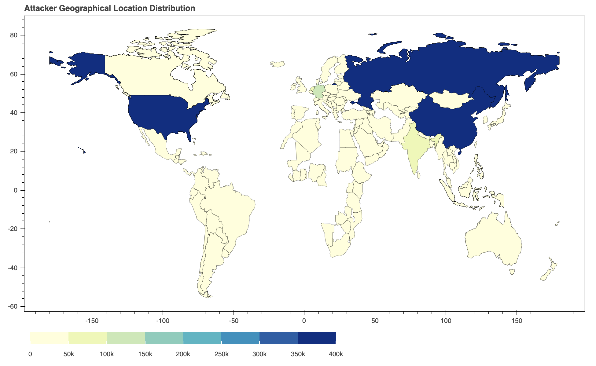 The image depicts a map with the title, "Attacker Geographical Location Distribution." Shaded regions highlight the top countries (Russian, United States, and China). 