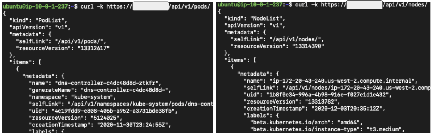 Figure 2. Accessing kube-apiserver anonymously using curl.