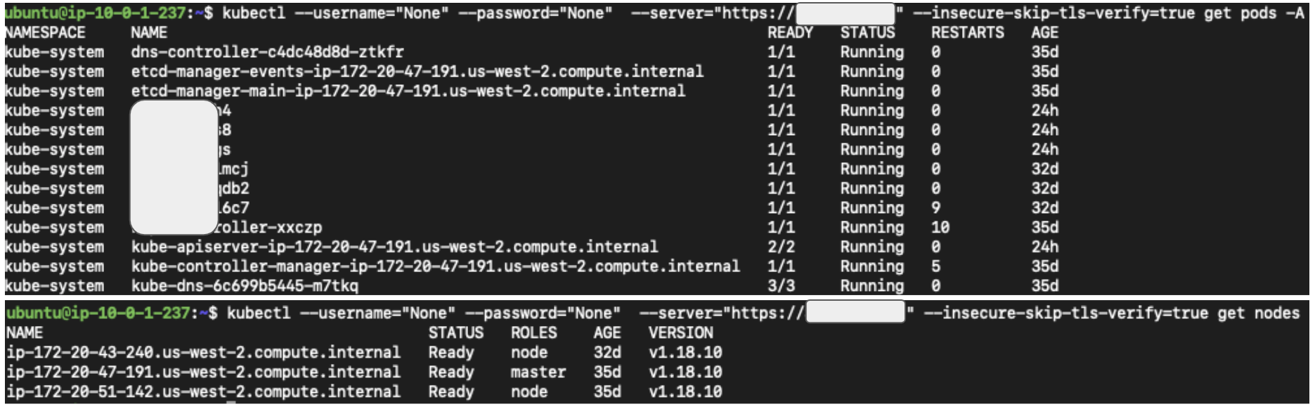 Figure 3. Accessing kube-apiserver anonymously using kubectl. Note that kubectl needs a dummy username and password to send anonymous requests.