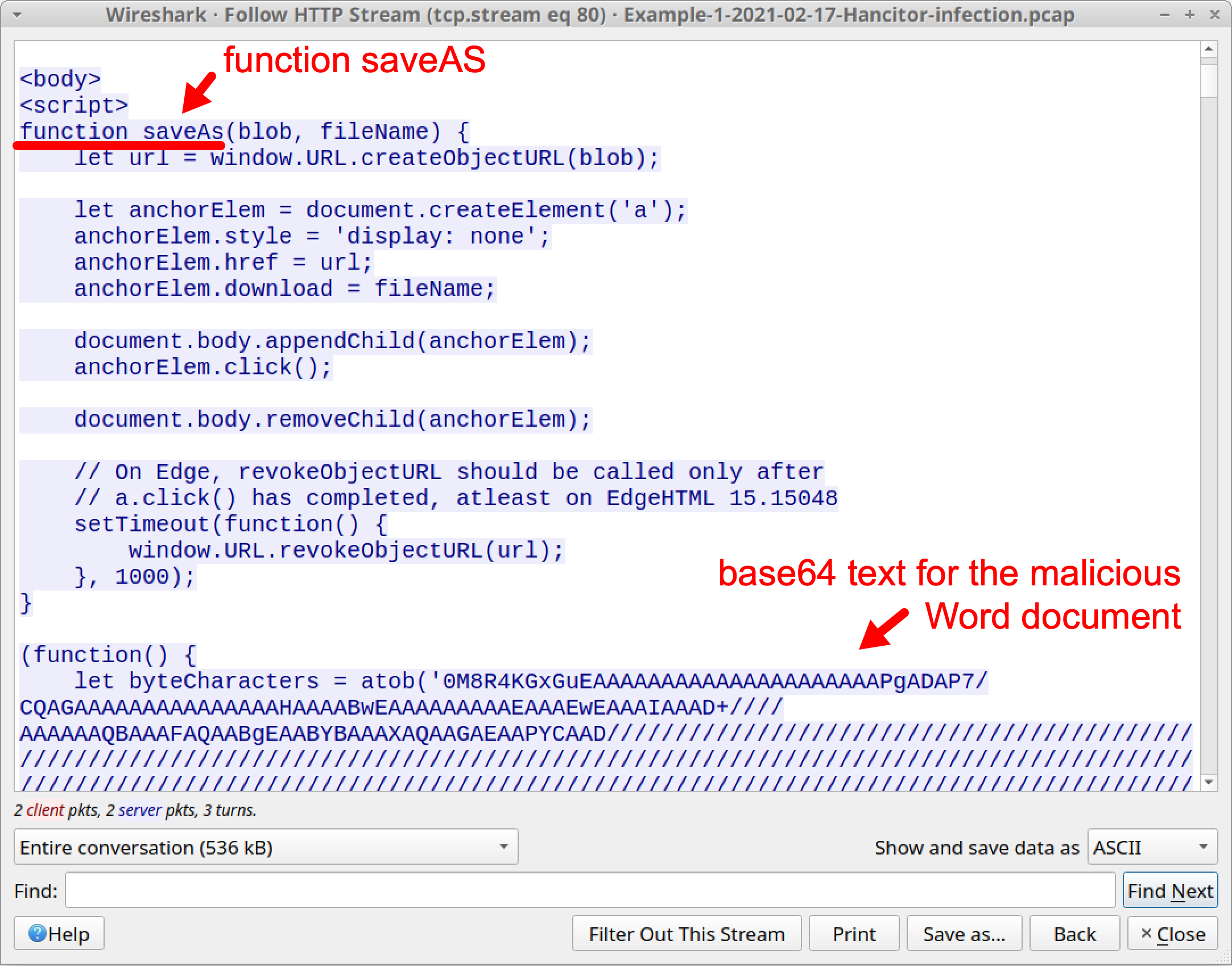 Red arrows indicate where you can find a script function for saveAs, as well as base64 text for the malicious Word document. 