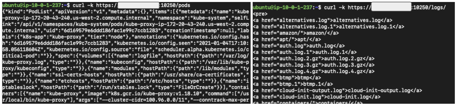 Figure 4. Accessing the kubelet server anonymously using curl.