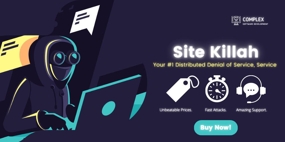 The malware author known as Complex Code also runs a Discord-based commodity distributed denial-of-service offering called "Site Killah." The screenshot shows a cartoon hacker at a computer and advertises Site Killah as, "Your #1 Distributed Denial of Service, Service." It offers "unbeatable prices," "fast attacks" and "amazing support." 