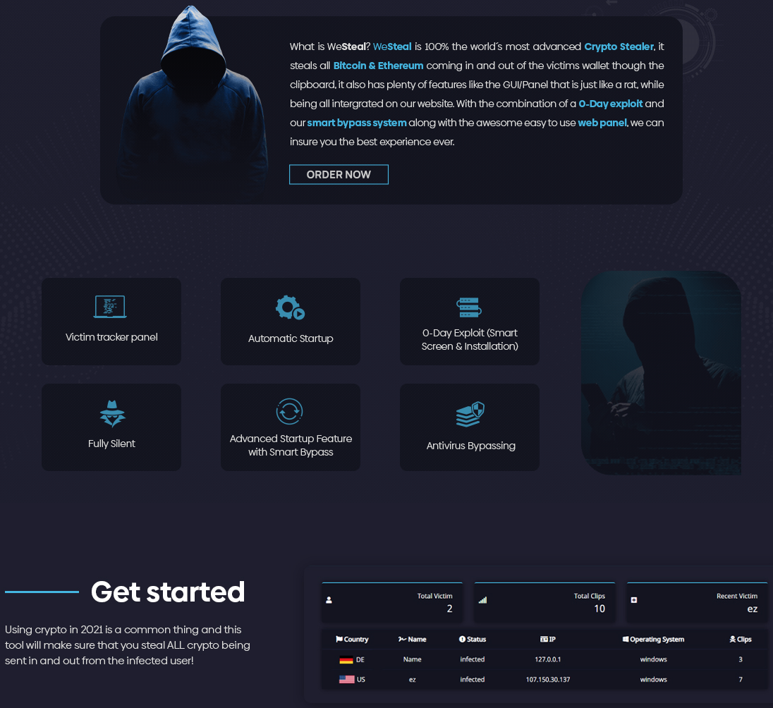 The screenshot shows an advertisement for WeSteal, which describes the malware as "the world's most advanced Crypto Stealer." It offers features including a Victim tracker panel, Automatic startup, 0-Day Exploit (Smart Screen and Installation), Fully Silent, Advanced Startup Feature with Smart Bypass, and Antivirus Bypassing. 