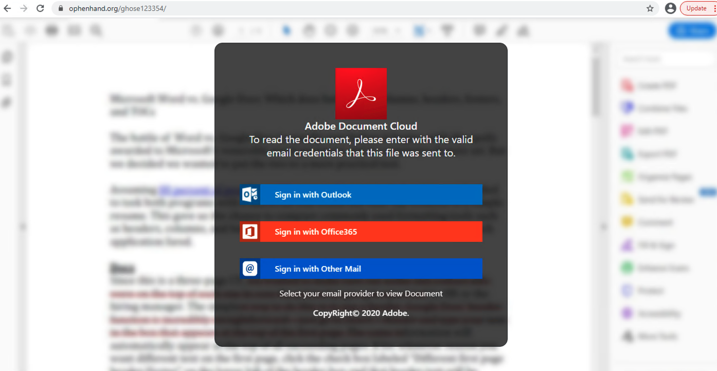 This shows an example of a phishing domain that hosts a fake shared document requesting Microsoft Outlook and Office 365 account credentials. 