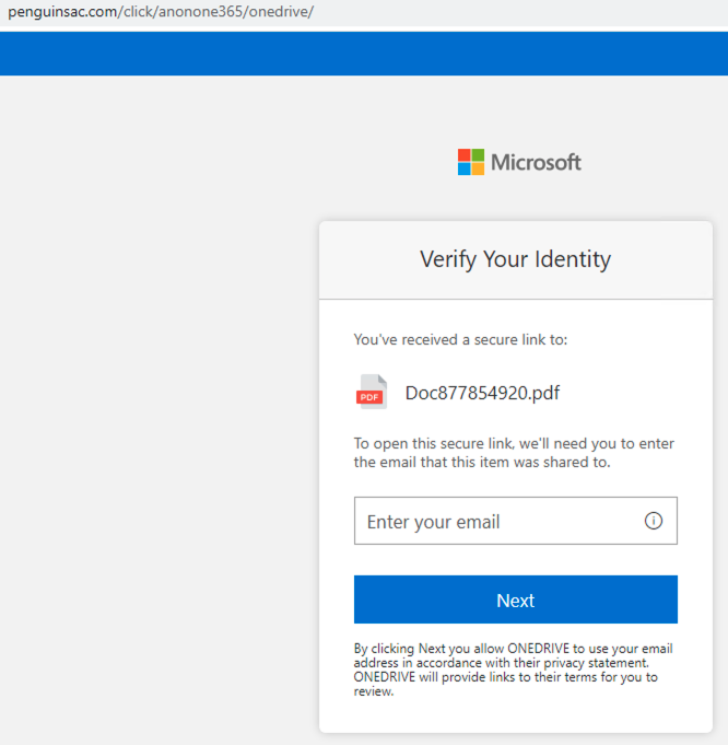 This shows a screenshot of a fake login page hosted on a malicious domain detected by our proactive DNS security method. It attempts to steal victims' credentials for Microsoft OneDrive. 