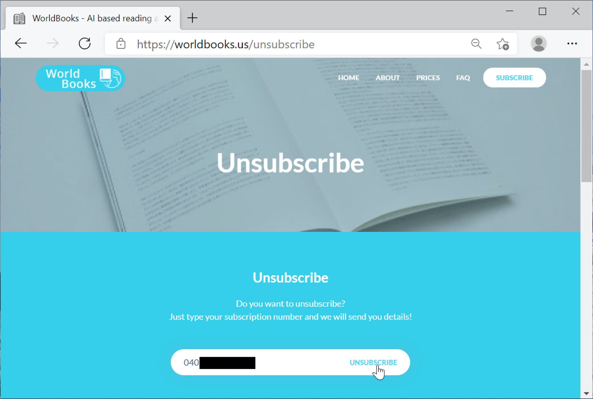 Screenshot of the unsubscribe page for the BazarCall method's fake website.