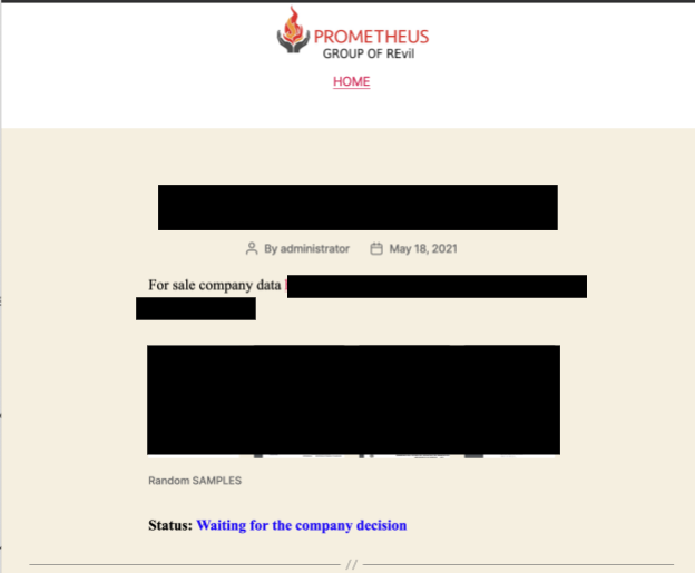 The Prometheus leak site advertises company data for sale. 