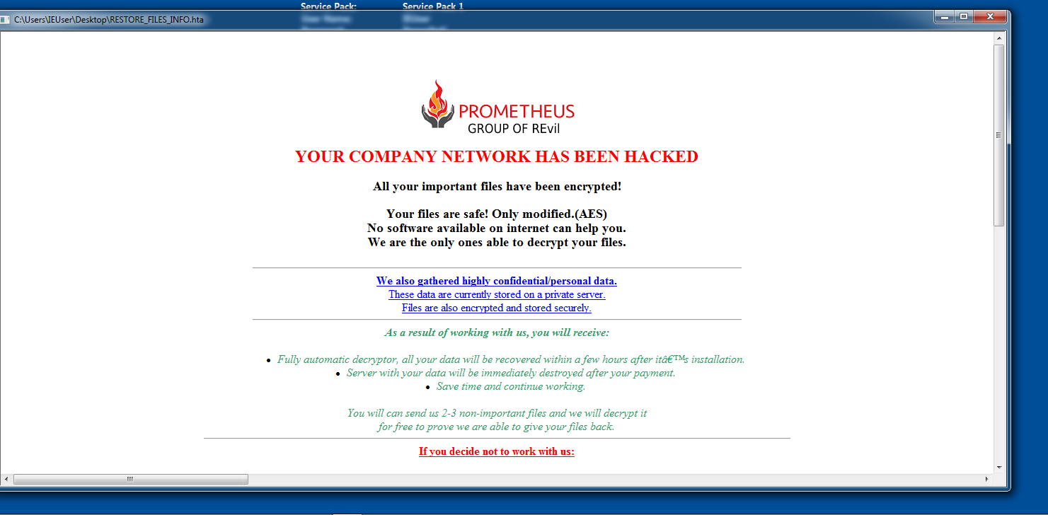 "Your company network has been hacked," read the .TXT files dropped by Prometheus ransomware. In the note, the group claims to be associated with REvil, though Unit 42 researchers have not found evidence to confirm this claim. 