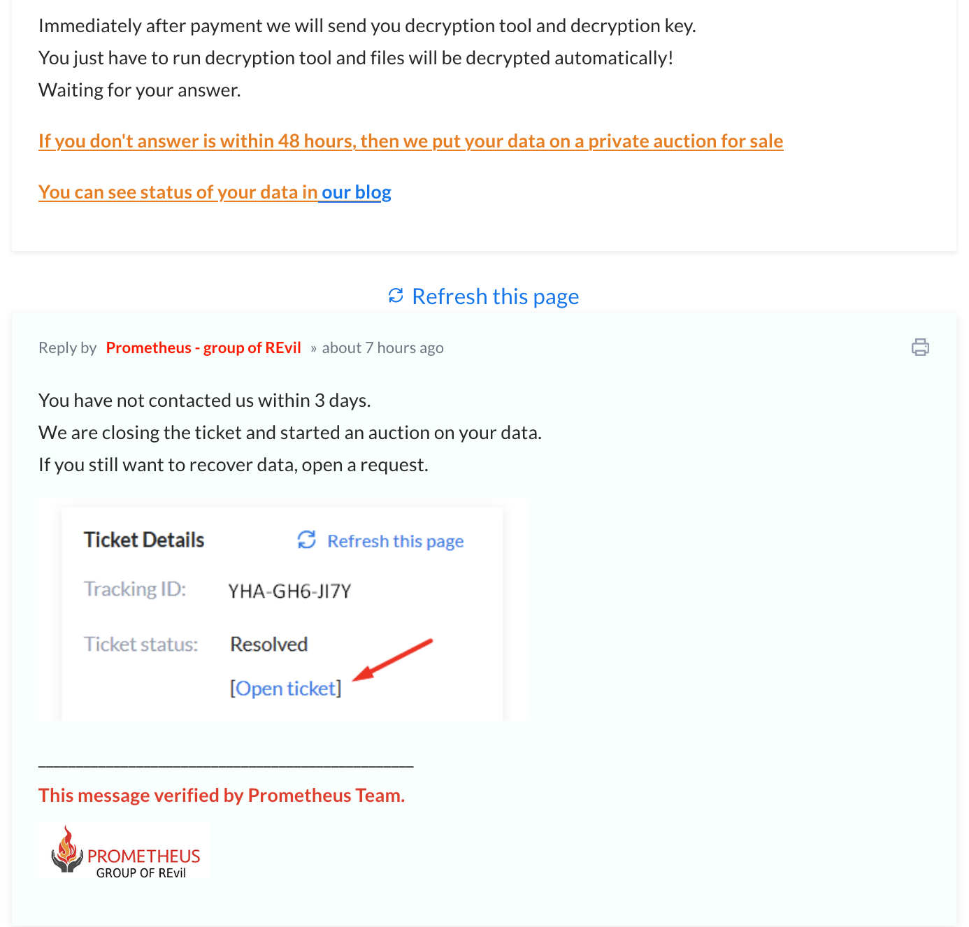 This example of how Prometheus replies to a victim ticket reads, "You have not contacted us within 3 days. We are closing the ticket and started an auction on your data. If you still want to recover data, open a request." 