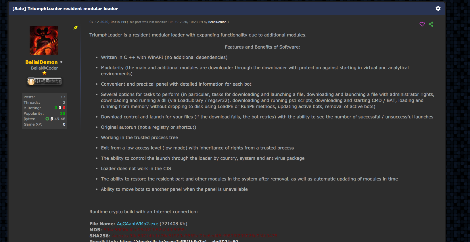 Figure 1. Forum posting of BelialDemon showcasing a loader.