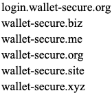 Cluster of domains displaying the following pattern: Theme of “Wallet,” possibly crypto-related