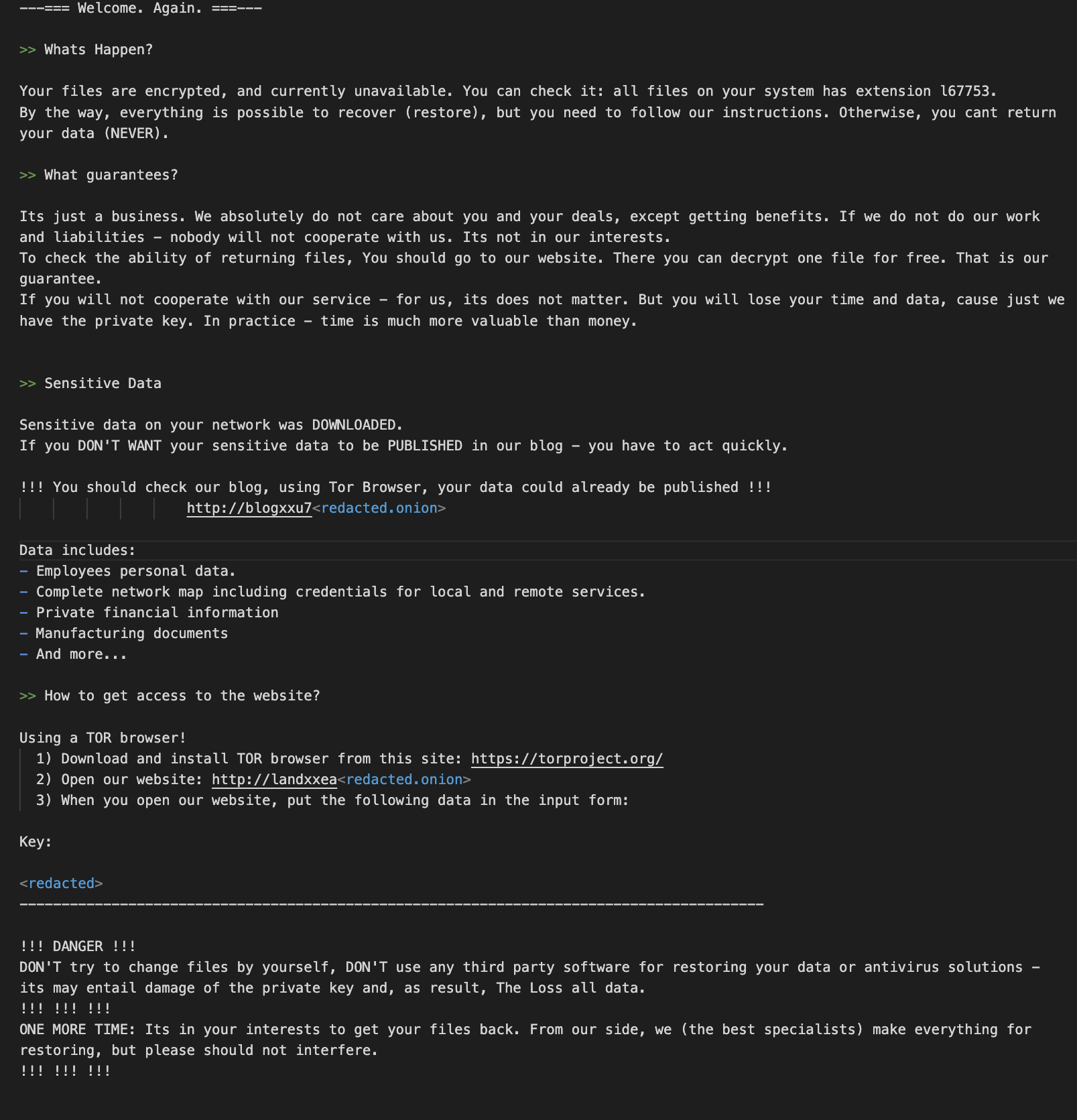 "Welcome, again," begins the new ransom note sent by those claiming to be REvil threat actors. Sections in the note include "Whats Happen?" "What guarantees?" "Sensitive Data" "Using a TOR browser" and "Key." 