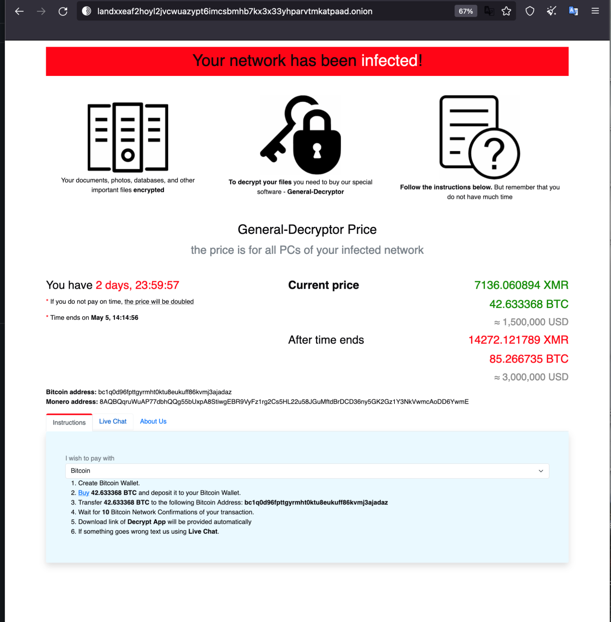 Screenshot of REvil payment site. It begins with a banner that says, "Your network has been infested," then includes deadline and price information as well as information about a Bitcoin wallet. 