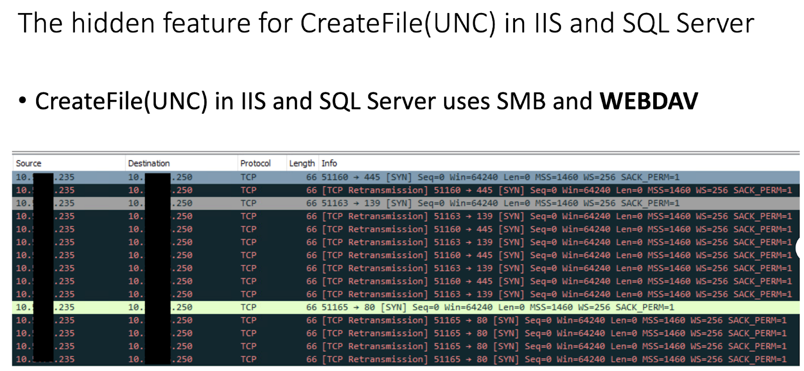 Screenshot of the hidden feature for CreateFile(UNC) in IIS and SQL Server using SMB and WEBDAV.
