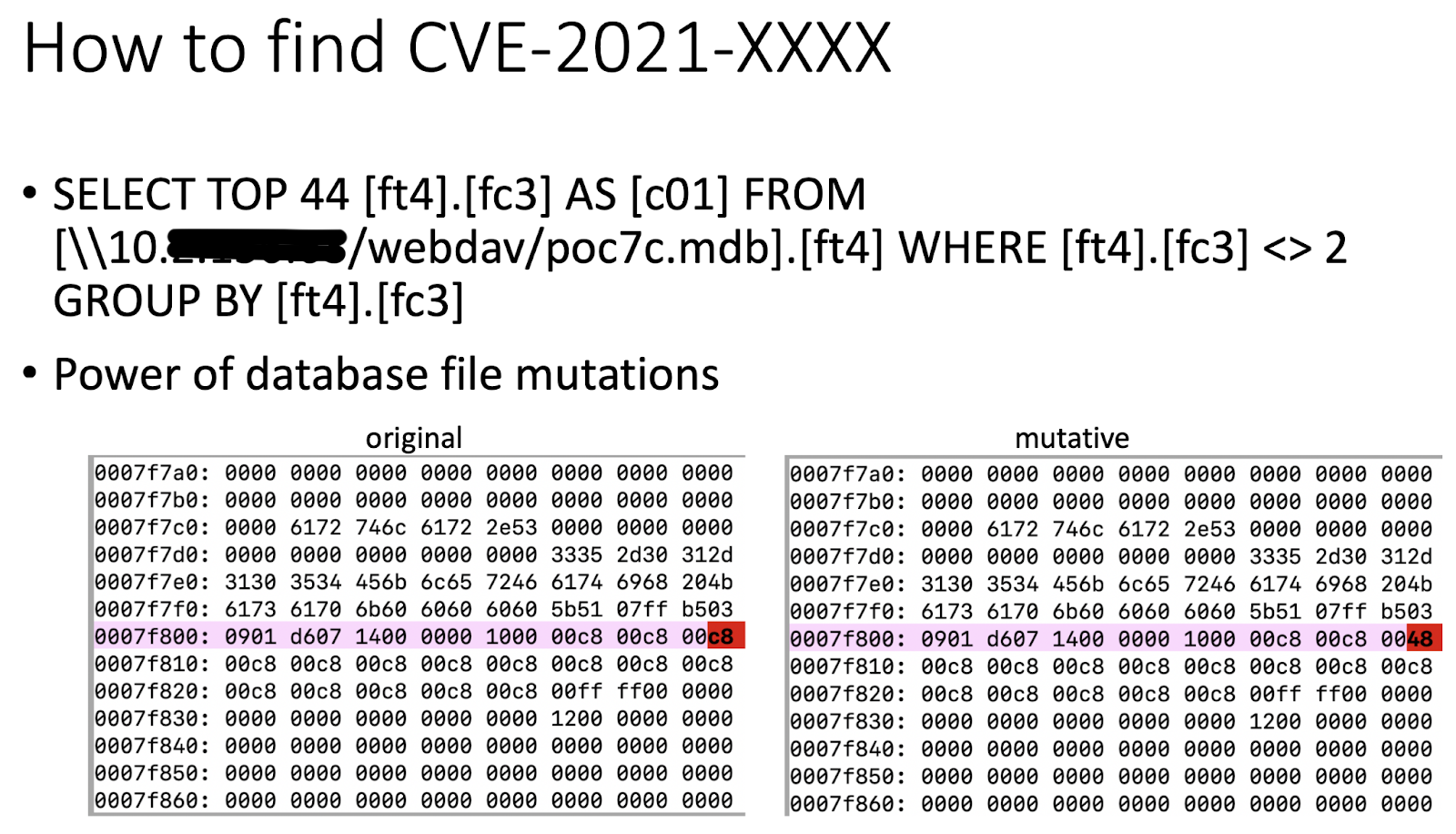 The screenshot shows how changing just one byte in the database file can lead to an MS Jet vulnerability.