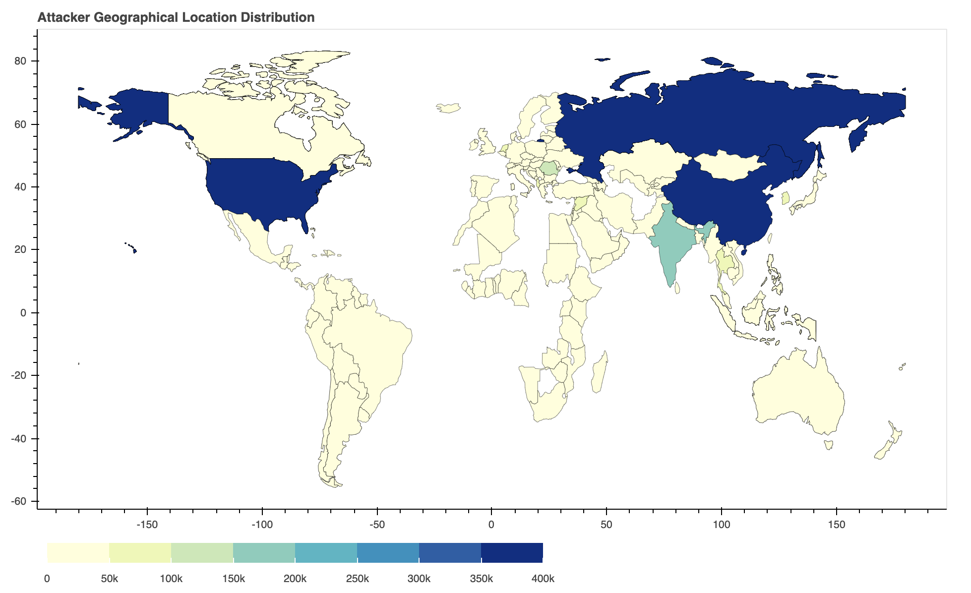 Attack geolocation distribution, observed as part of our study of network attack trends, February-April 2021.