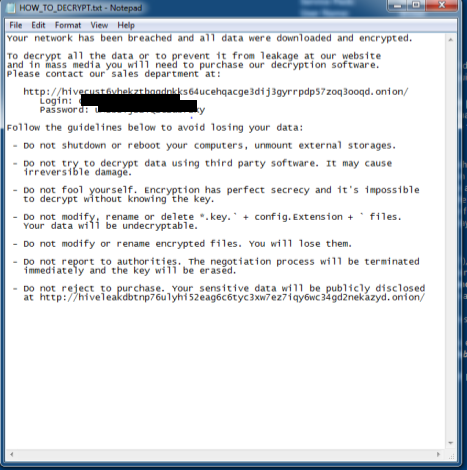 A Hive ransom note reads, "Your network has been breached and all data were downloaded and encrypted. To decrypt all the data or to prevent it from leakage at our website and in mass media you will need to purchase our decryption software." It follows with info on how to purchase the software, as well as "guidelines" to avoid losing data.