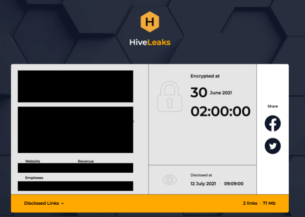 The Hive Leaks site, associated with Hive Ransomware, one of the four emerging ransomware groups we identified, posts information on the date and time that victims were affected, as shown here. 