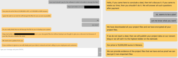 The screenshots show chats with threat actors involved with HelloKitty, one of the four emerging ransomware groups our researchers identified. The chats include discussion of payment details and examples of the threat actors pressuring the victim to pay. 