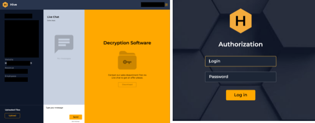 The screenshot on the left shows a live chat option to interact with operators involved with Hive ransomware. The screenshot on the right shows a login page. 