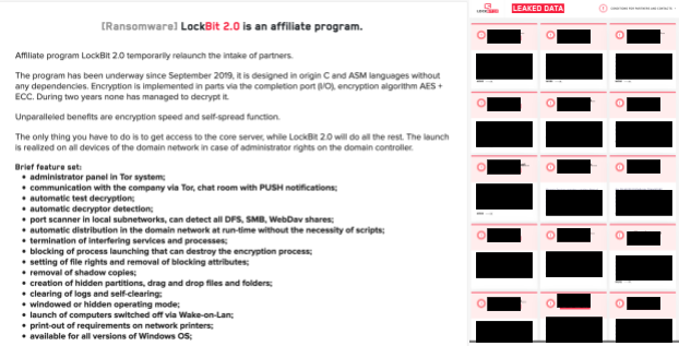 The image on the left describes the affiliate program associated with LockBit 2.0, one of the four emerging ransomware groups our researchers identified. It includes promises to limit the work required of the affiliate and advertisements about the feature set of LockBit 2.0. The image on the right is a redacted version of the LockBit leak site. 