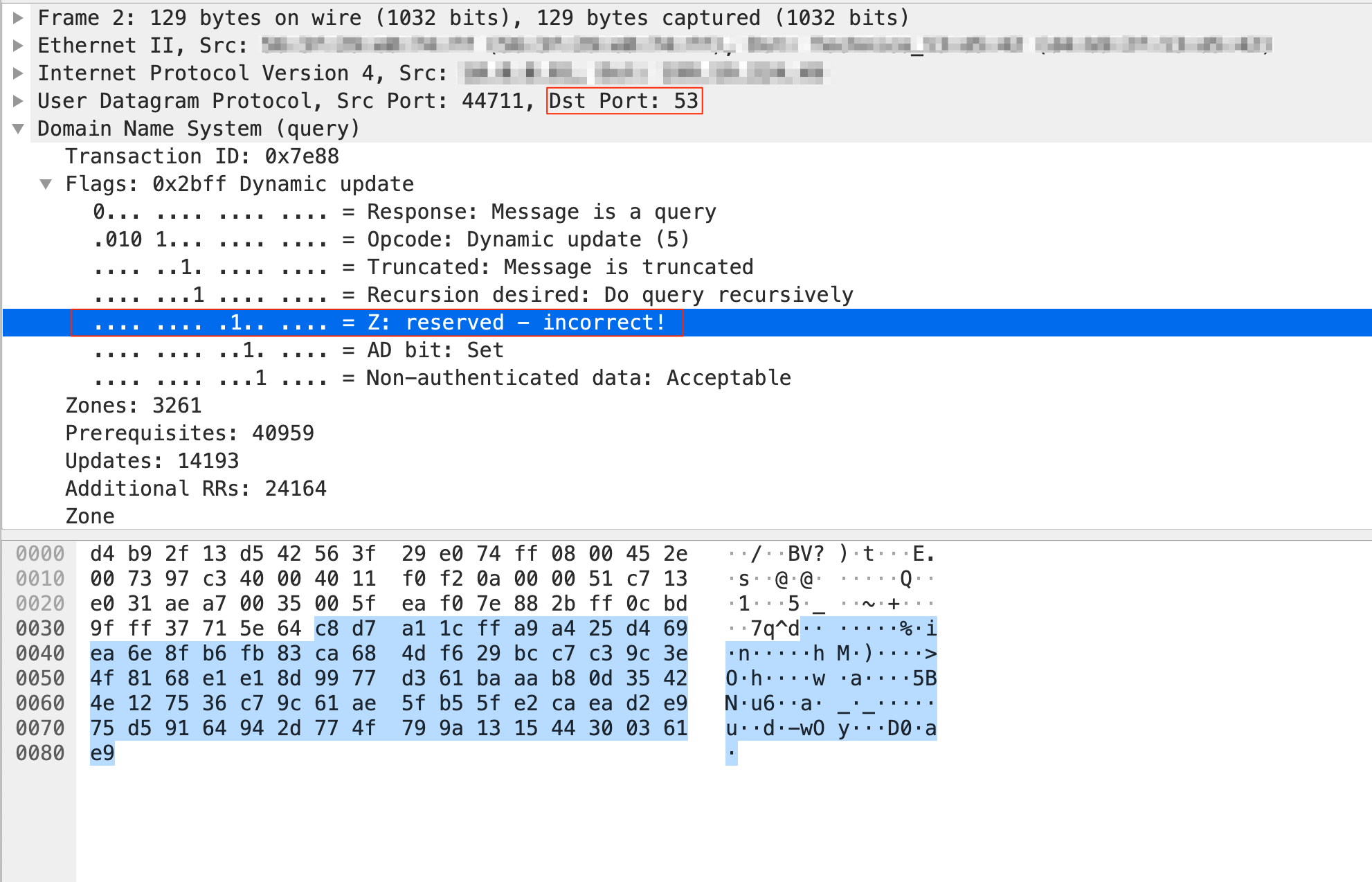 The UDP traffic on port 53 sent by Thunder VPN is shown here. 