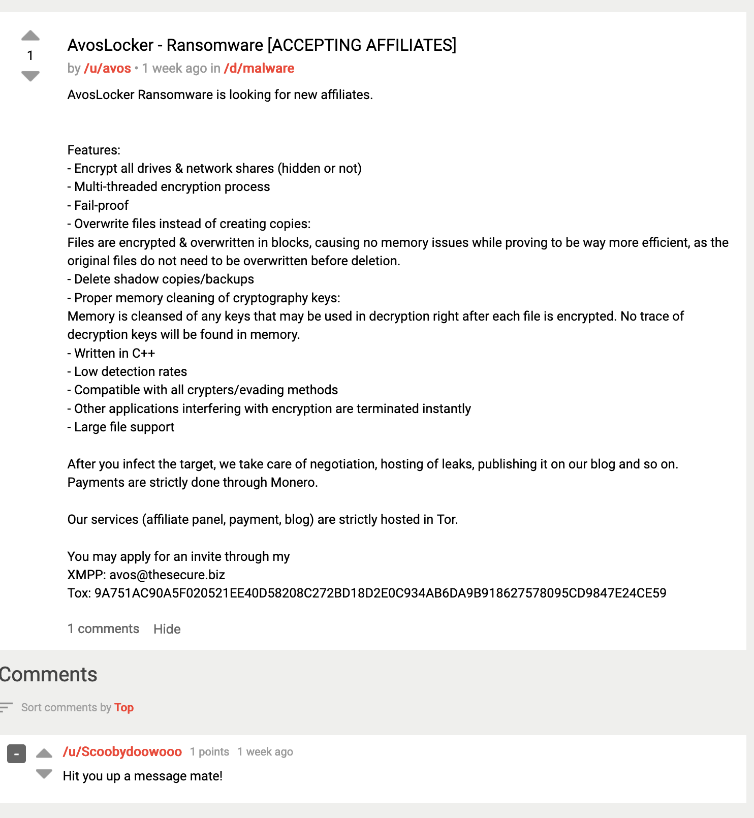 The screenshot shows a message posted in Dread, a dark web discussion forum. It announces an affiliate program for AvosLocker, one of the four emerging ransomware groups we identified. The message is titled, "AvosLocker - Ransomware [ACCEPTING AFFILIATES]" 