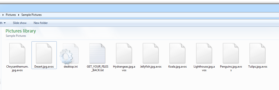 Files encrypted by AvosLocker typically use the .avos extension, as shown here. 