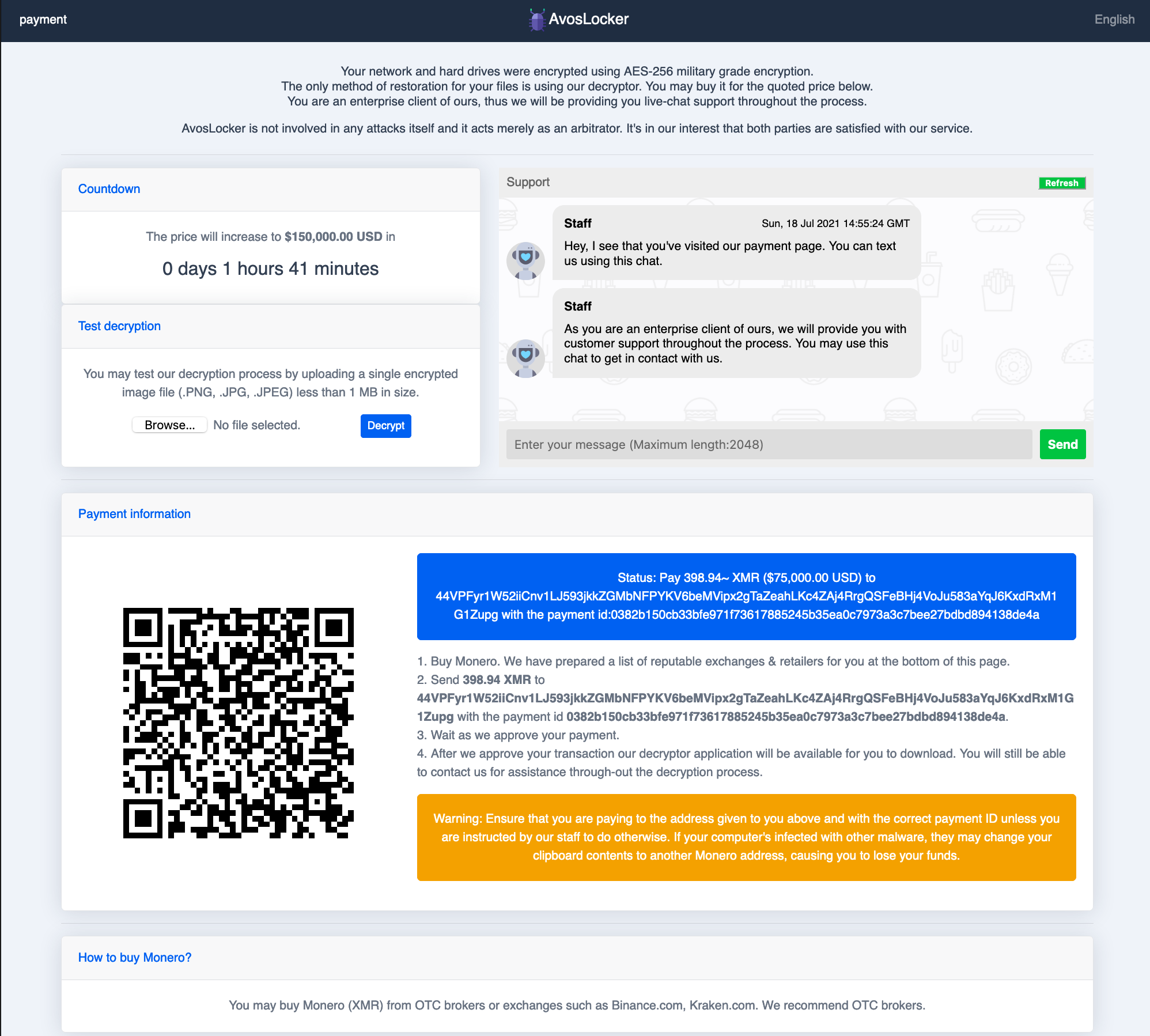 The AvosLocker support page shown features information about the ransomware and the claim that AvosLocker is not involved in attacks but instead acts as an arbitrator. It also features a countdown, a test decryption widget, an opportunity to chat with support staff, and information on how to pay. 